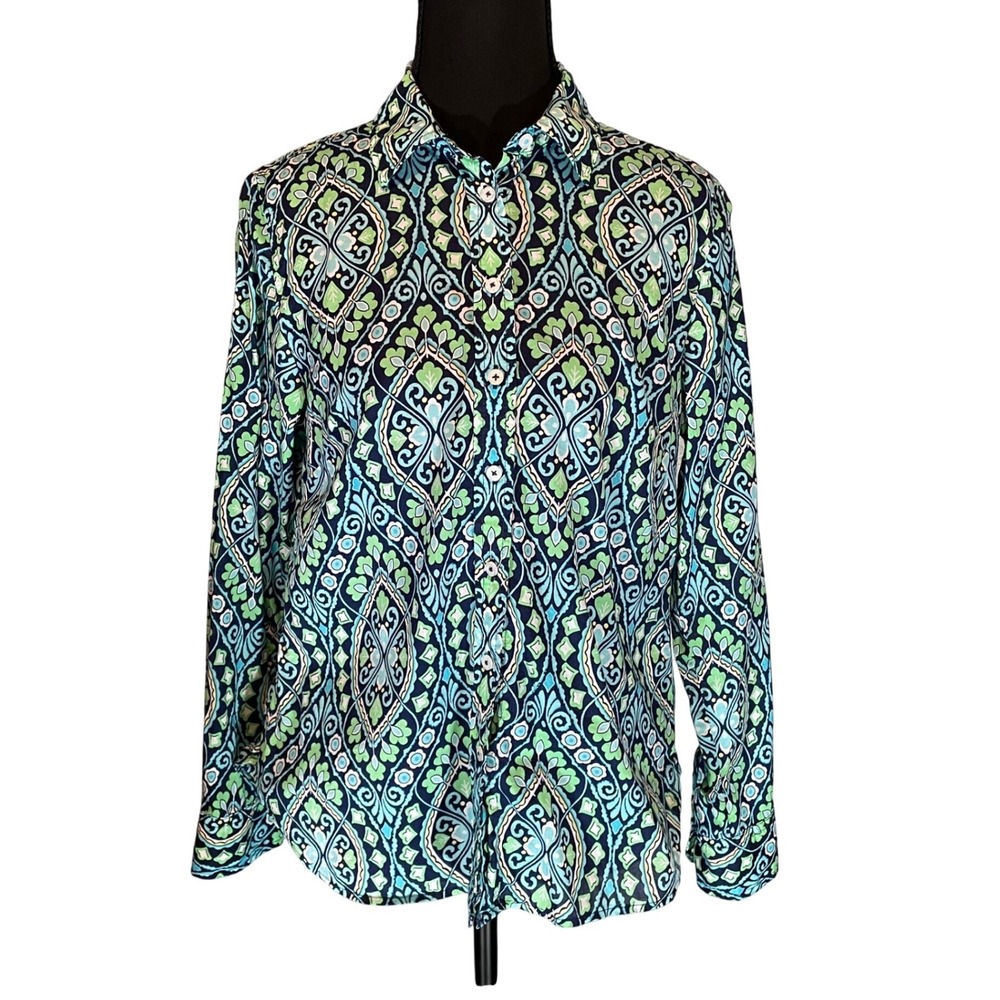 Talbots Petite Womens 100% Cotton Green Medallion‎ Paisley Button Down Shirt PXS